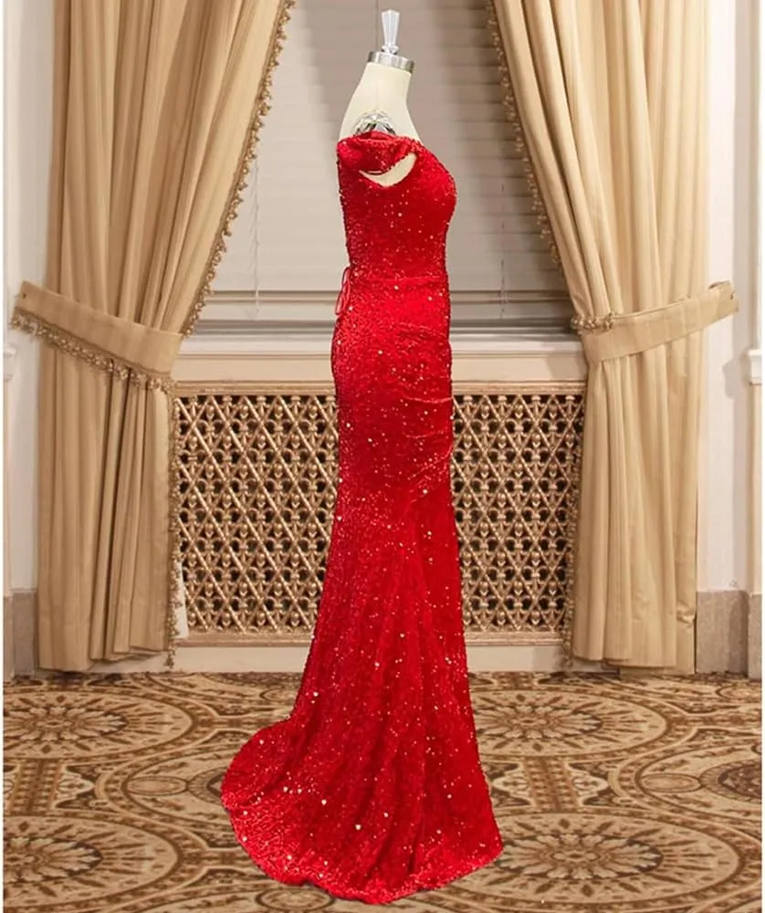 Off Shoulder Mermaid Prom Dresses 2024 Sequin Bodycon Dresses for Women 2024 with Slit