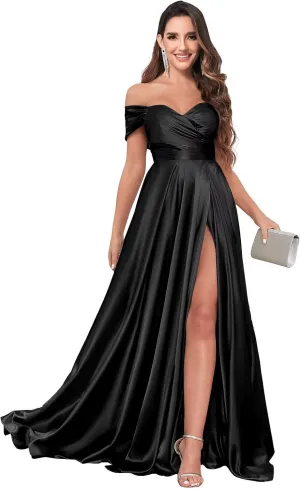 Off The Shoulder Bridesmaid Dresses for Women Long Pleated Satin Formal Dresses Evening Gown