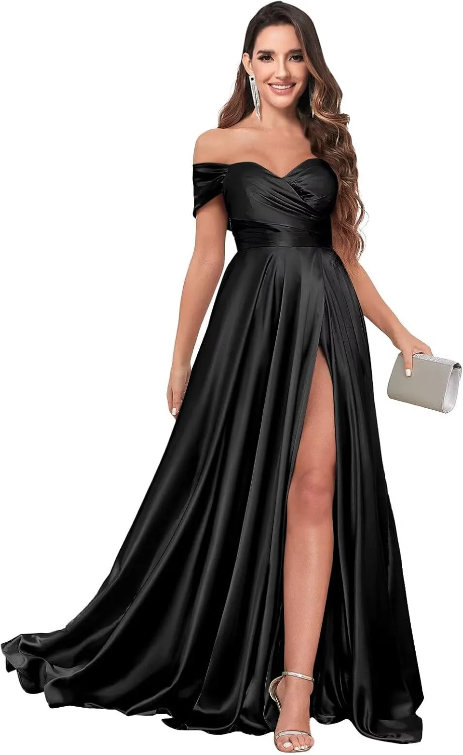 Off The Shoulder Bridesmaid Dresses for Women Long Pleated Satin Formal Dresses Evening Gown