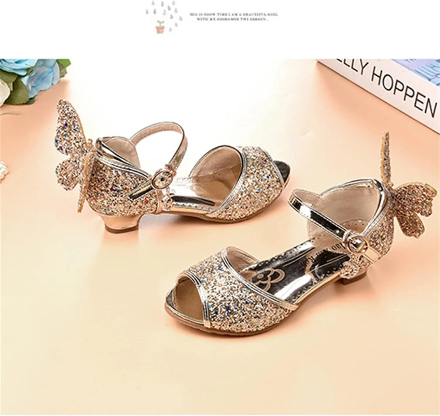OMEARK Girls Glitter Shoes Sparkly Low Heel Princess Wedding Party Shoes Round Peep Toe Dress Pump Shoes for Kids Toddler with Rhinestone Back Butterfly