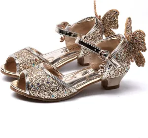 OMEARK Girls Glitter Shoes Sparkly Low Heel Princess Wedding Party Shoes Round Peep Toe Dress Pump Shoes for Kids Toddler with Rhinestone Back Butterfly