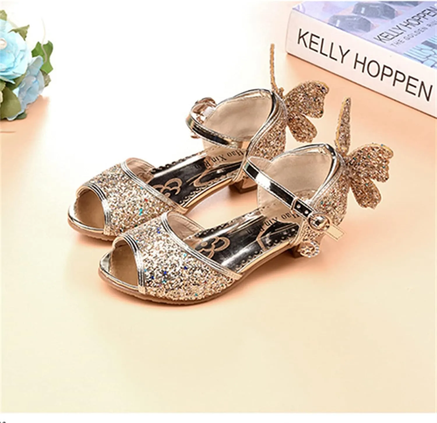 OMEARK Girls Glitter Shoes Sparkly Low Heel Princess Wedding Party Shoes Round Peep Toe Dress Pump Shoes for Kids Toddler with Rhinestone Back Butterfly