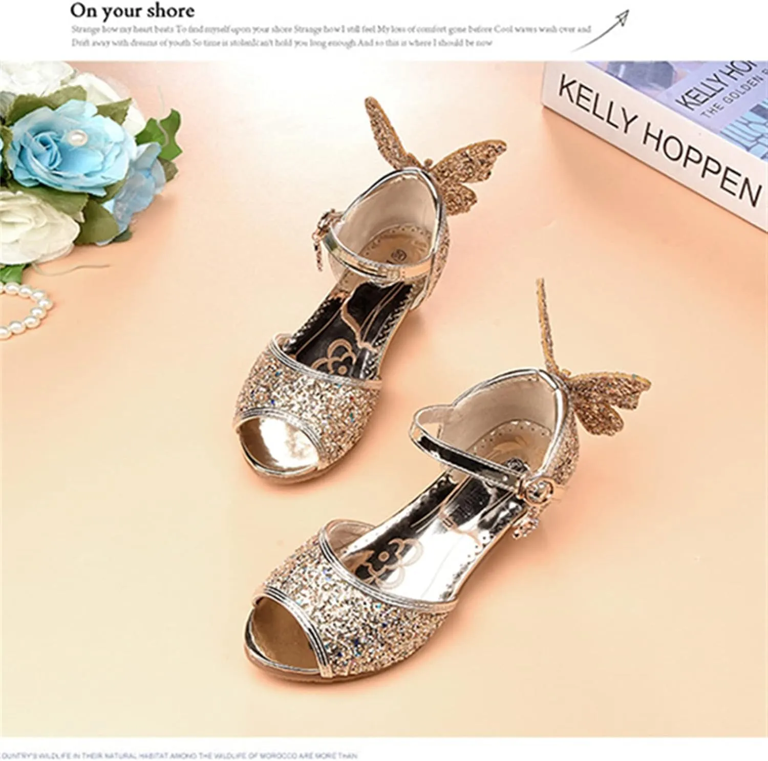 OMEARK Girls Glitter Shoes Sparkly Low Heel Princess Wedding Party Shoes Round Peep Toe Dress Pump Shoes for Kids Toddler with Rhinestone Back Butterfly