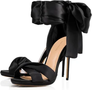 Open Toe High Heels Sandals for Womens Bows Straps Stiletto High Heel Party Sandals Satin Cloth Sexy Party Round Toe Pumps Shoes Classic Dress Sandals