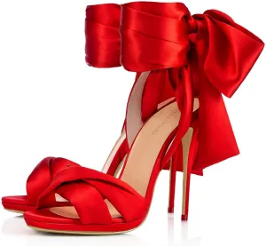 Open Toe High Heels Sandals for Womens Bows Straps Stiletto High Heel Party Sandals Satin Cloth Sexy Party Round Toe Pumps Shoes Classic Dress Sandals