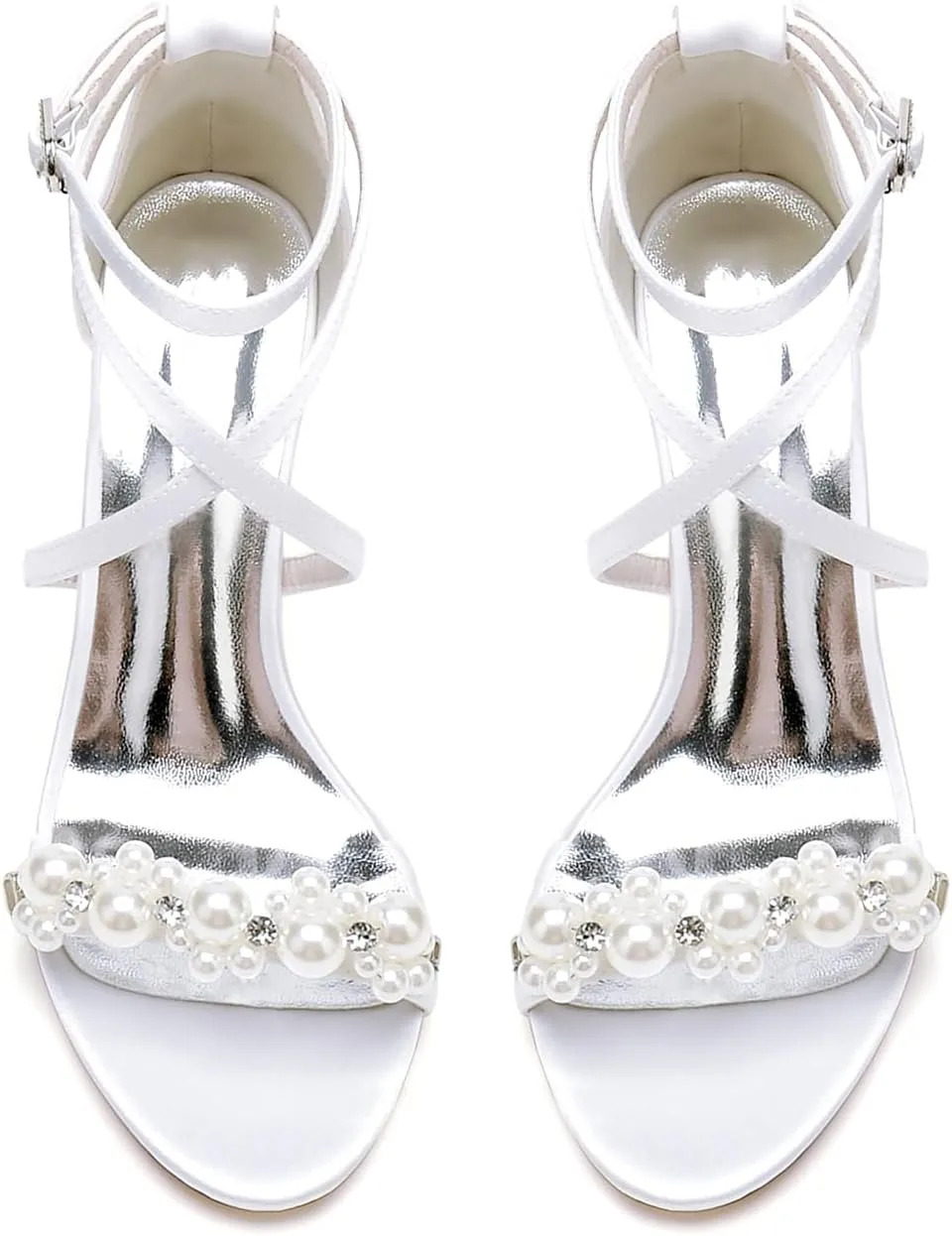 Open Toe Pearl Block Heels Wedding Shoes for Bride Women High Chunky Heels Bridal Shoes Crisscross Ankle Strap Satin Heels Sandals