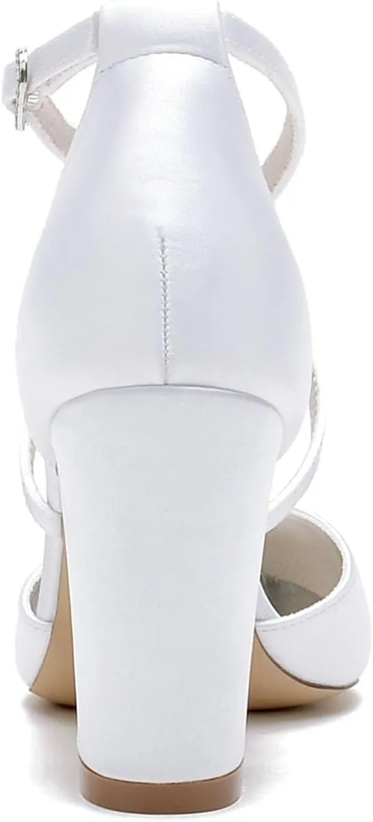 Open Toe Pearl Block Heels Wedding Shoes for Bride Women High Chunky Heels Bridal Shoes Crisscross Ankle Strap Satin Heels Sandals