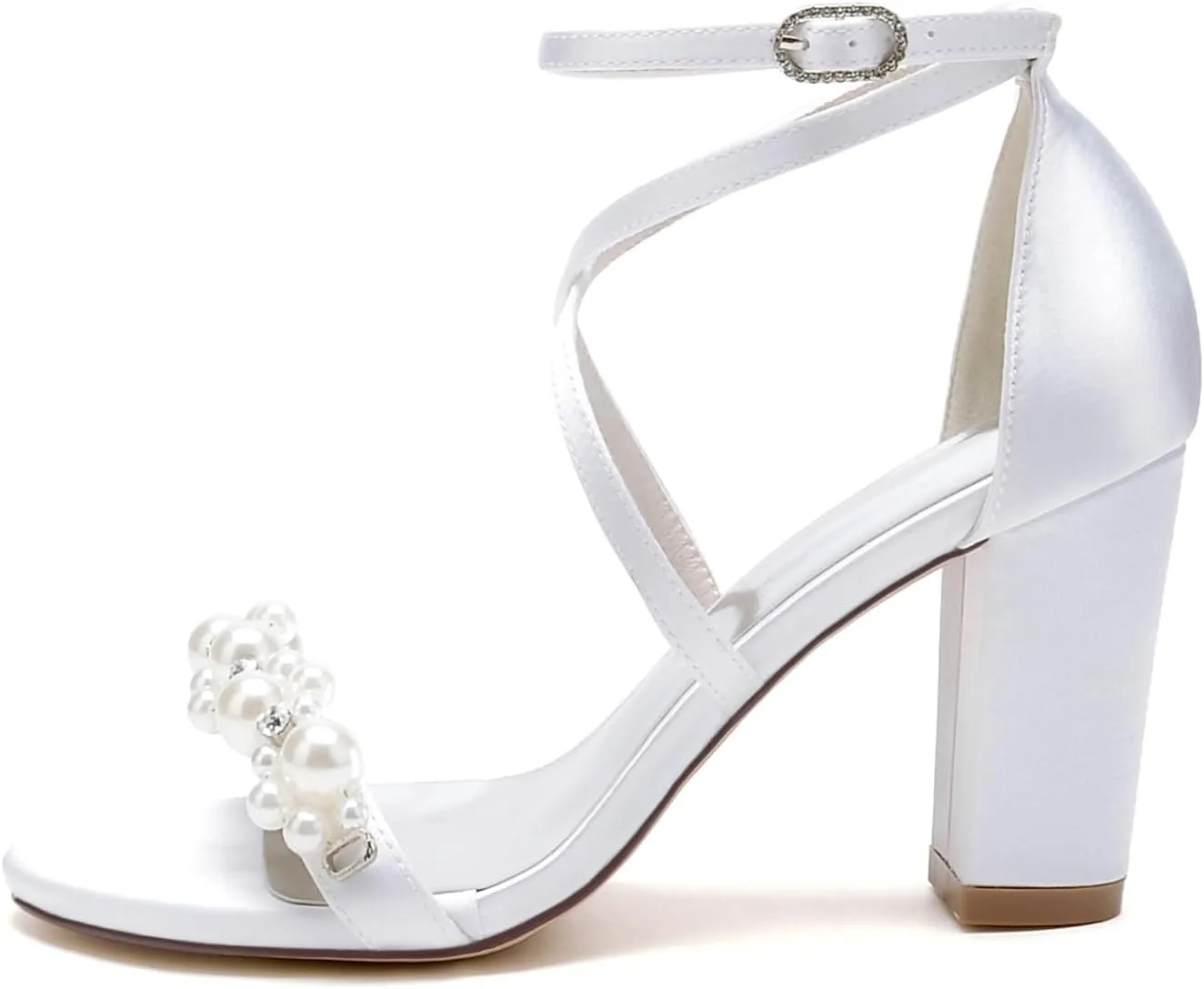 Open Toe Pearl Block Heels Wedding Shoes for Bride Women High Chunky Heels Bridal Shoes Crisscross Ankle Strap Satin Heels Sandals