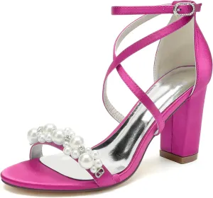 Open Toe Pearl Block Heels Wedding Shoes for Bride Women High Chunky Heels Bridal Shoes Crisscross Ankle Strap Satin Heels Sandals