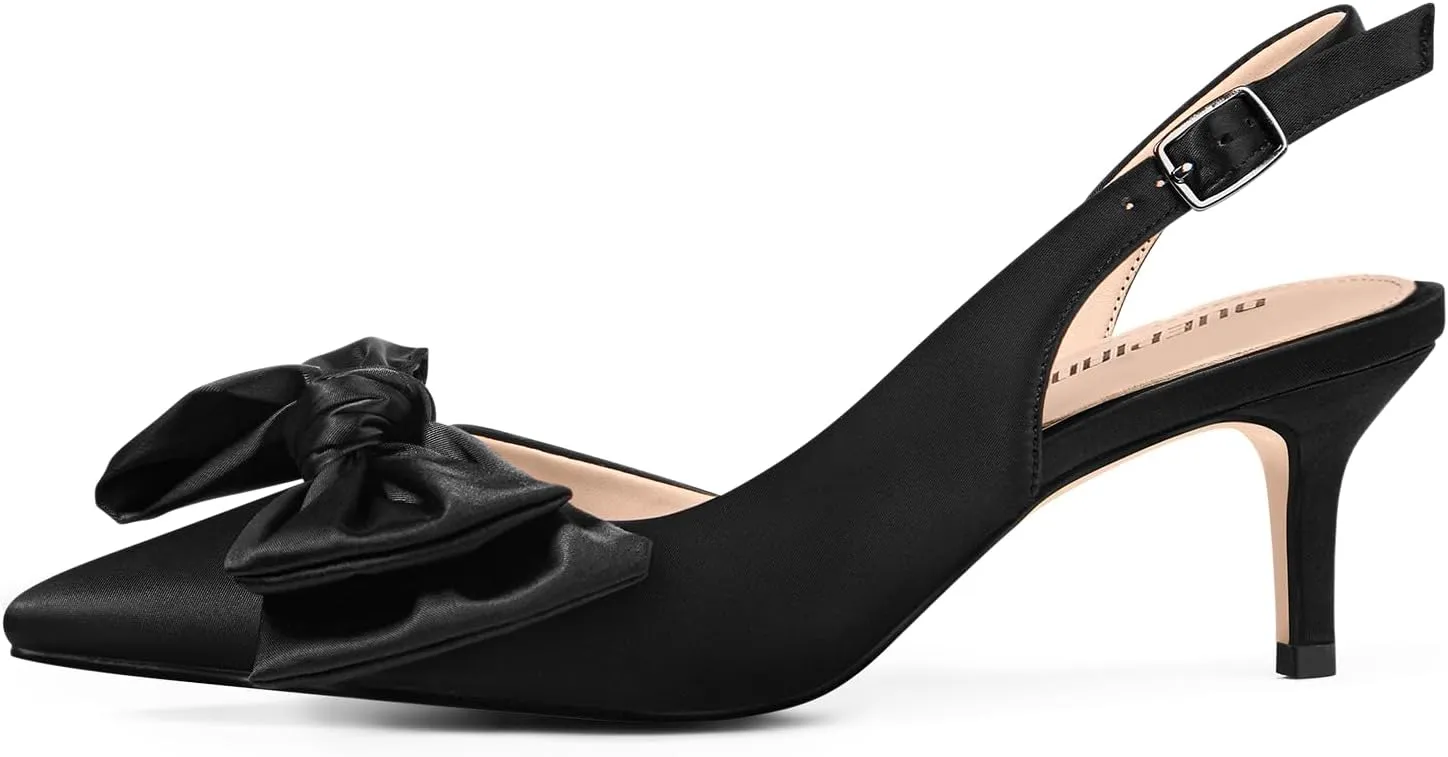 Ouepiano Kitten Heels with Bow - Slingback Pointed Toe Low Heels Adjustable Elastic Strap with Buckle Slip On Satin Pumps for Bridal Wedding Party
