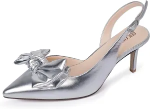 Ouepiano Kitten Heels with Bow - Slingback Pointed Toe Low Heels Adjustable Elastic Strap with Buckle Slip On Satin Pumps for Bridal Wedding Party