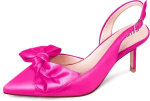 Ouepiano Kitten Heels with Bow - Slingback Pointed Toe Low Heels Adjustable Elastic Strap with Buckle Slip On Satin Pumps for Bridal Wedding Party
