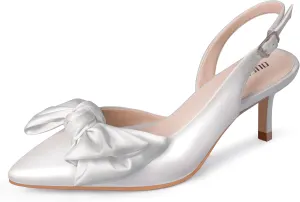 Ouepiano Kitten Heels with Bow - Slingback Pointed Toe Low Heels Adjustable Elastic Strap with Buckle Slip On Satin Pumps for Bridal Wedding Party