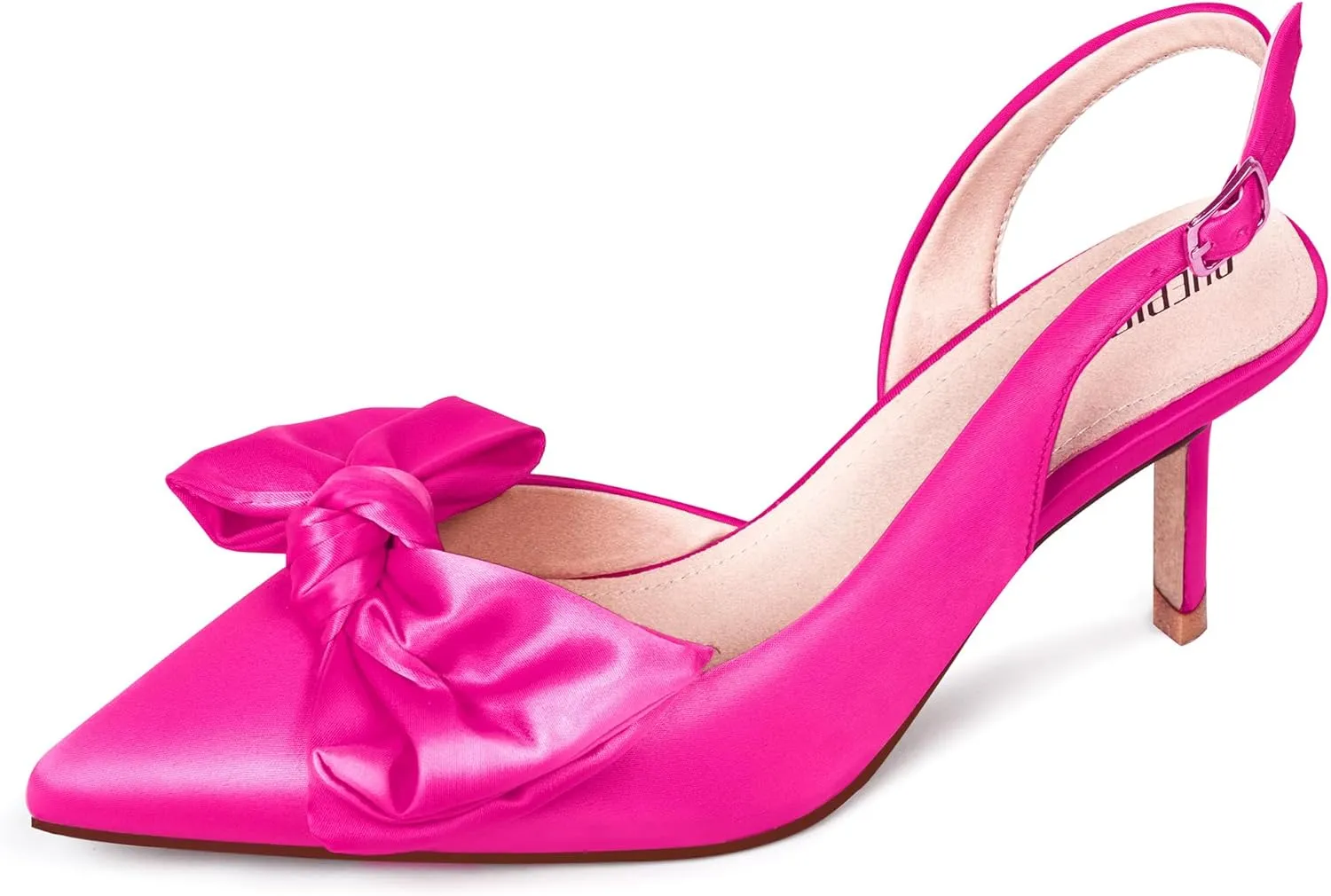 Ouepiano Kitten Heels with Bow - Slingback Pointed Toe Low Heels Adjustable Elastic Strap with Buckle Slip On Satin Pumps for Bridal Wedding Party