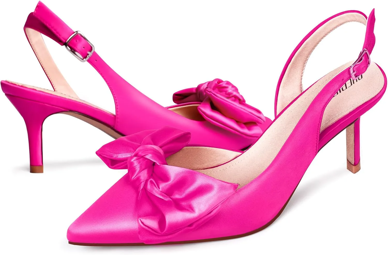 Ouepiano Kitten Heels with Bow - Slingback Pointed Toe Low Heels Adjustable Elastic Strap with Buckle Slip On Satin Pumps for Bridal Wedding Party