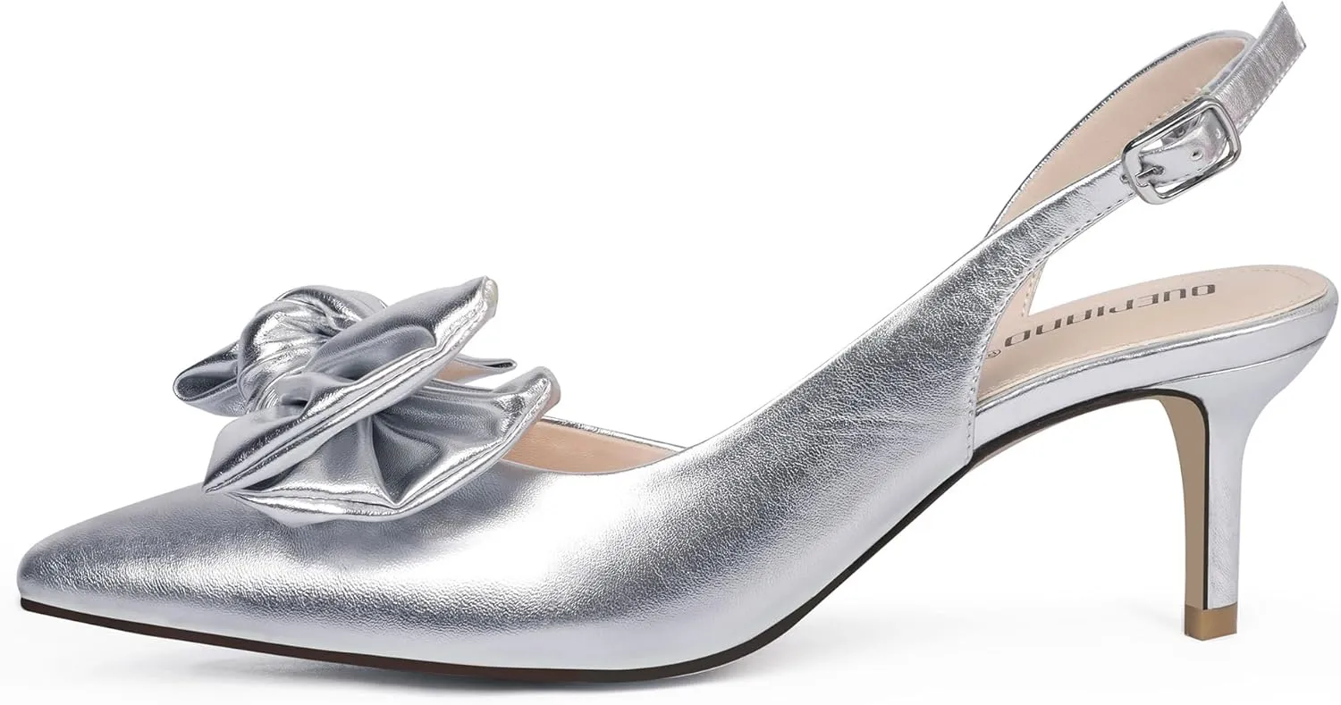 Ouepiano Kitten Heels with Bow - Slingback Pointed Toe Low Heels Adjustable Elastic Strap with Buckle Slip On Satin Pumps for Bridal Wedding Party