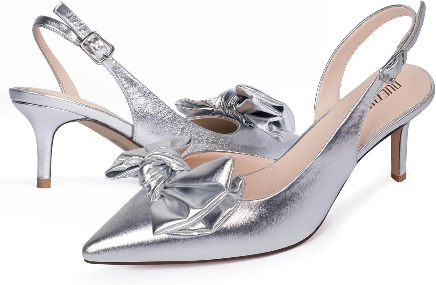 Ouepiano Kitten Heels with Bow - Slingback Pointed Toe Low Heels Adjustable Elastic Strap with Buckle Slip On Satin Pumps for Bridal Wedding Party