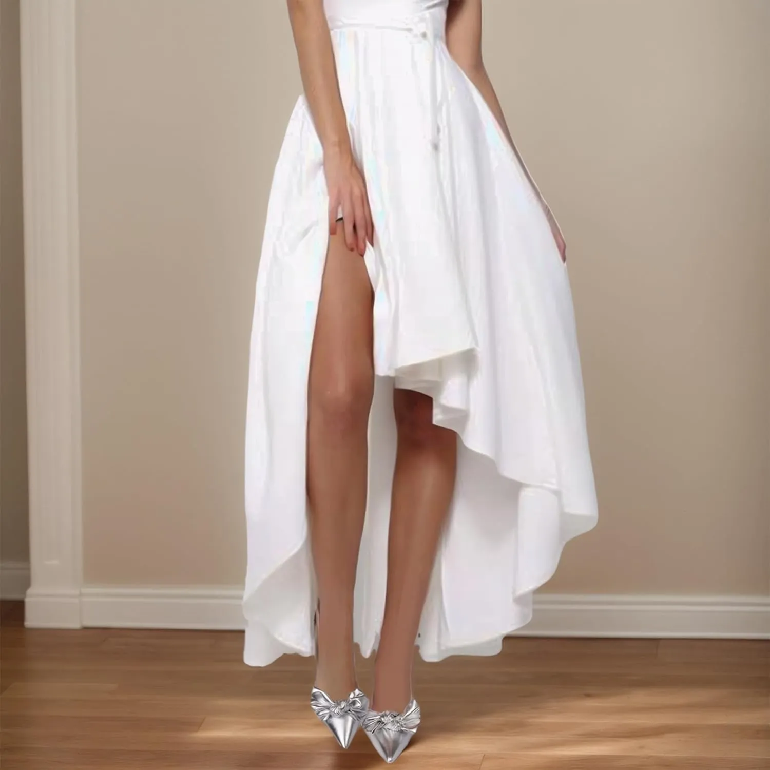 Ouepiano Kitten Heels with Bow - Slingback Pointed Toe Low Heels Adjustable Elastic Strap with Buckle Slip On Satin Pumps for Bridal Wedding Party