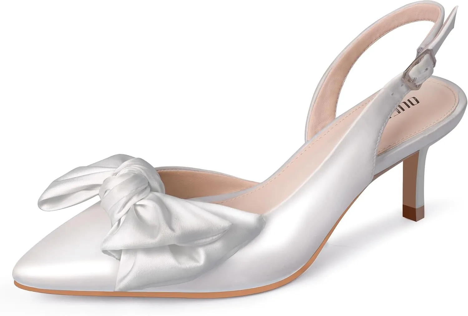 Ouepiano Kitten Heels with Bow - Slingback Pointed Toe Low Heels Adjustable Elastic Strap with Buckle Slip On Satin Pumps for Bridal Wedding Party