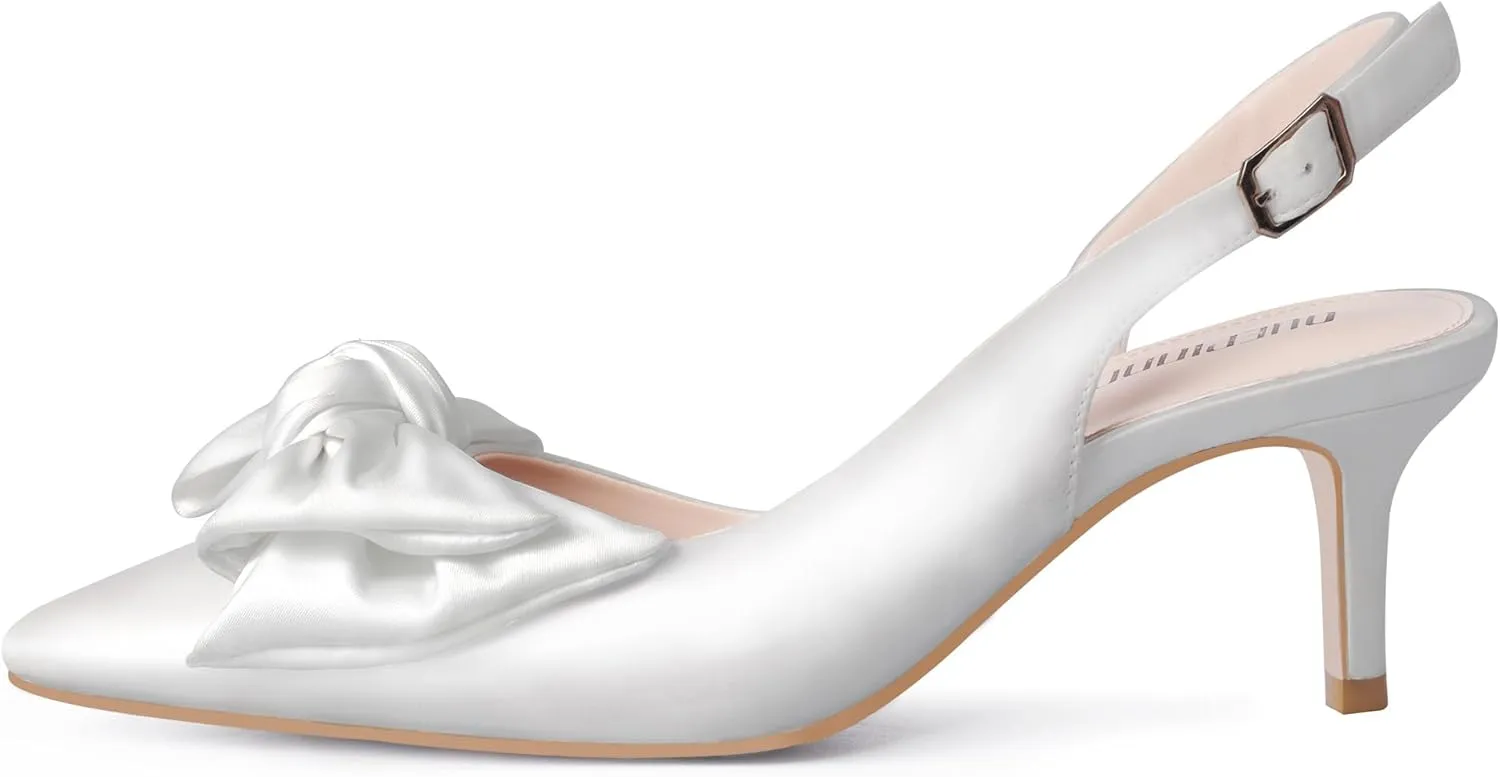 Ouepiano Kitten Heels with Bow - Slingback Pointed Toe Low Heels Adjustable Elastic Strap with Buckle Slip On Satin Pumps for Bridal Wedding Party