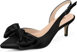 Ouepiano Kitten Heels with Bow - Slingback Pointed Toe Low Heels Adjustable Elastic Strap with Buckle Slip On Satin Pumps for Bridal Wedding Party