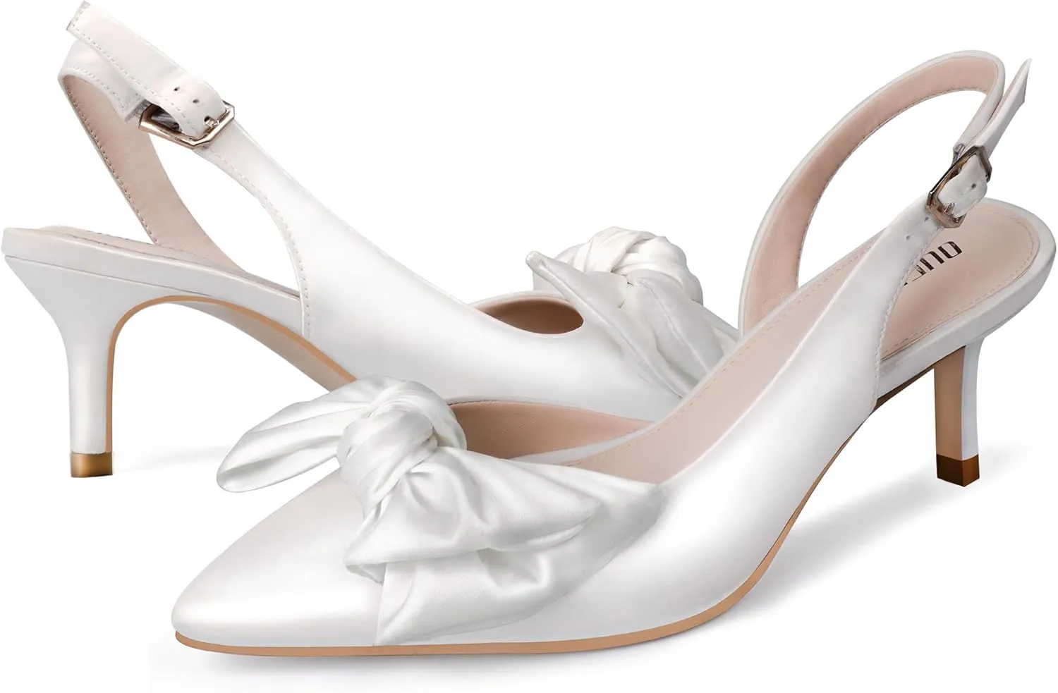 Ouepiano Kitten Heels with Bow - Slingback Pointed Toe Low Heels Adjustable Elastic Strap with Buckle Slip On Satin Pumps for Bridal Wedding Party