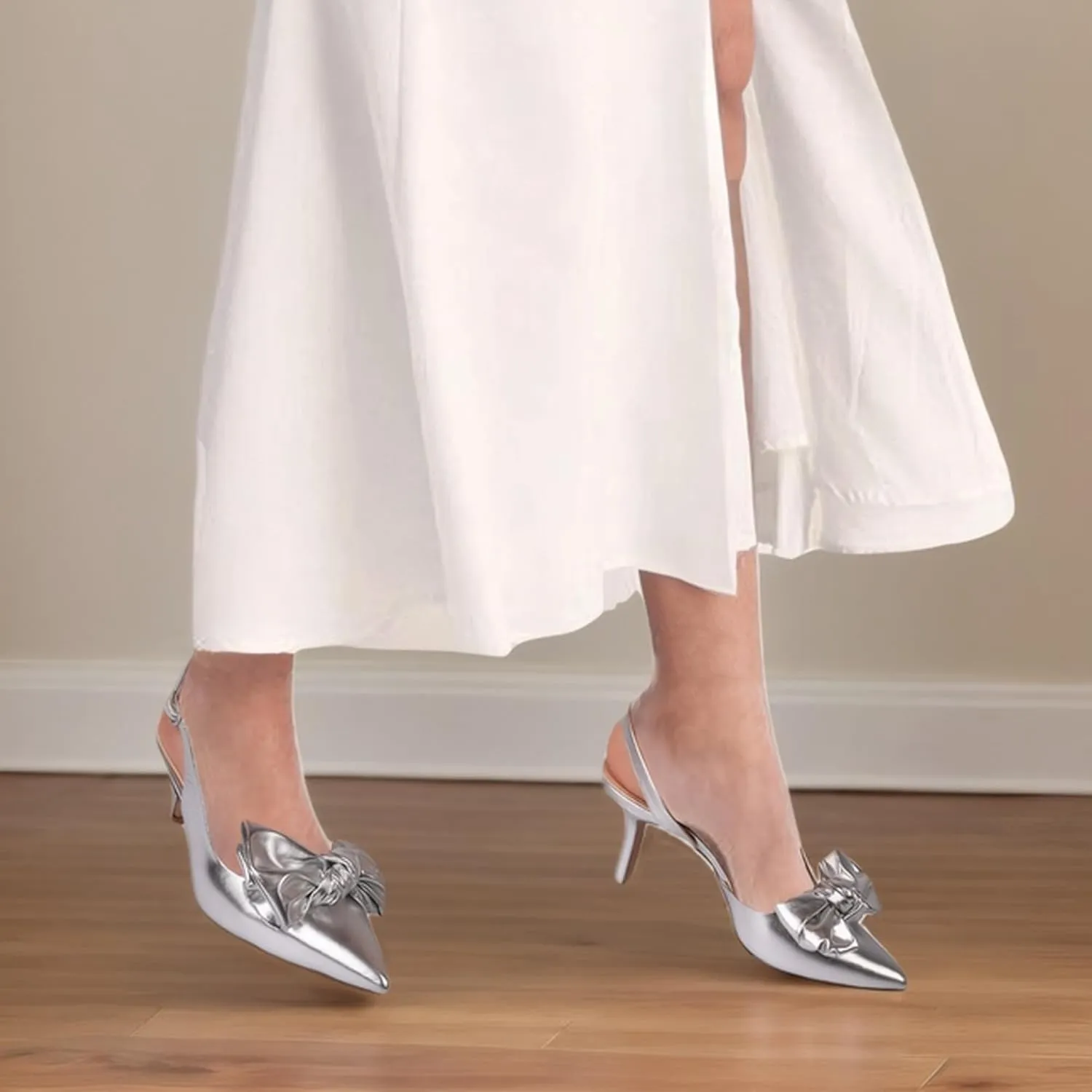 Ouepiano Kitten Heels with Bow - Slingback Pointed Toe Low Heels Adjustable Elastic Strap with Buckle Slip On Satin Pumps for Bridal Wedding Party