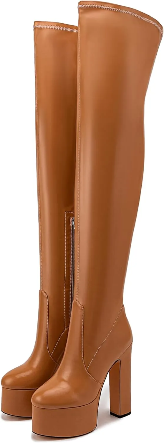 Over the Knee Platform Boot - Metallic Boot for Women Round Toe Chunky Heel Sequin Leather Thigh High Boot