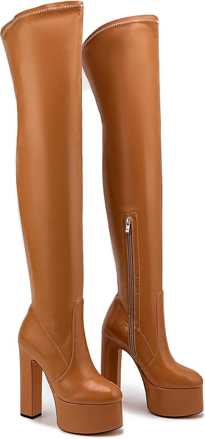 Over the Knee Platform Boot - Metallic Boot for Women Round Toe Chunky Heel Sequin Leather Thigh High Boot