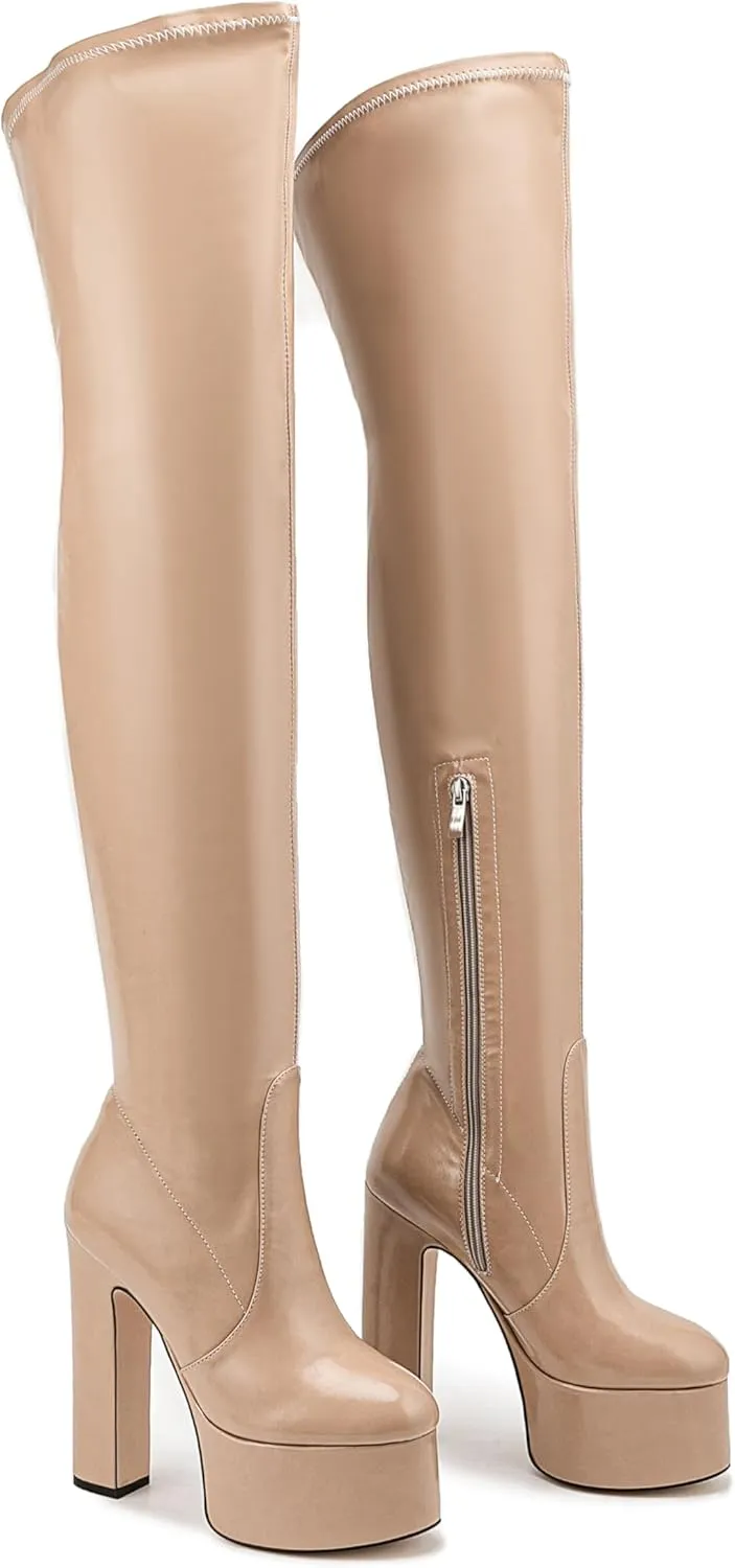 Over the Knee Platform Boot - Metallic Boot for Women Round Toe Chunky Heel Sequin Leather Thigh High Boot