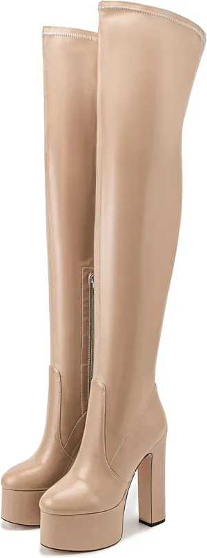 Over the Knee Platform Boot - Metallic Boot for Women Round Toe Chunky Heel Sequin Leather Thigh High Boot