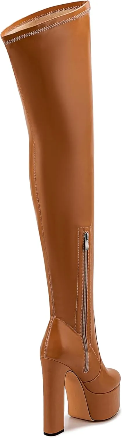 Over the Knee Platform Boot - Metallic Boot for Women Round Toe Chunky Heel Sequin Leather Thigh High Boot