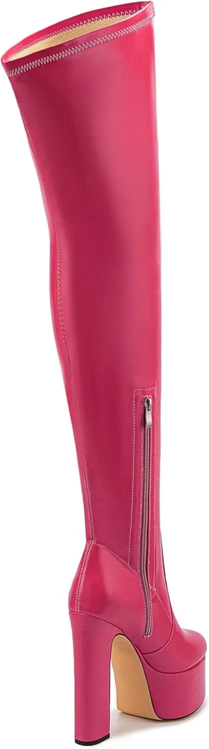 Over the Knee Platform Boot - Metallic Boot for Women Round Toe Chunky Heel Sequin Leather Thigh High Boot