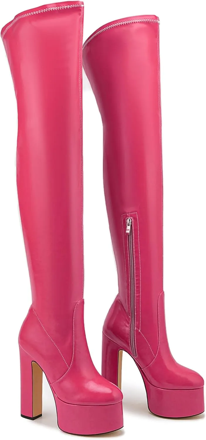 Over the Knee Platform Boot - Metallic Boot for Women Round Toe Chunky Heel Sequin Leather Thigh High Boot