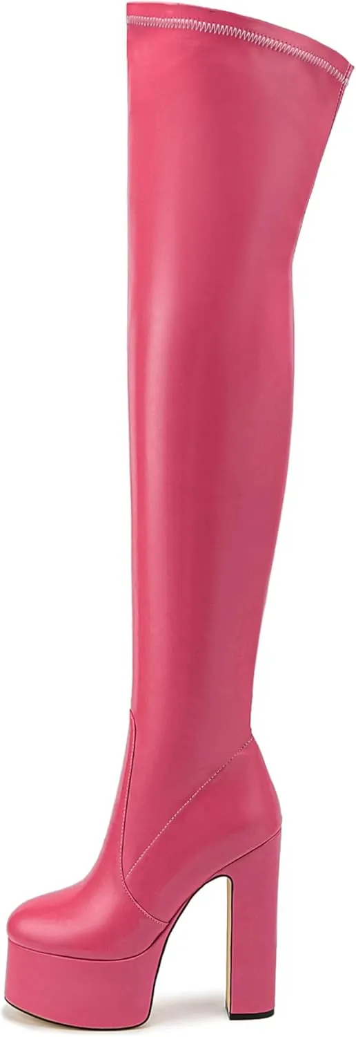 Over the Knee Platform Boot - Metallic Boot for Women Round Toe Chunky Heel Sequin Leather Thigh High Boot