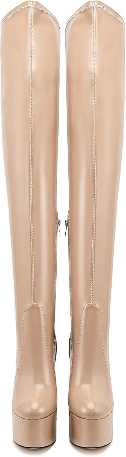 Over the Knee Platform Boot - Metallic Boot for Women Round Toe Chunky Heel Sequin Leather Thigh High Boot