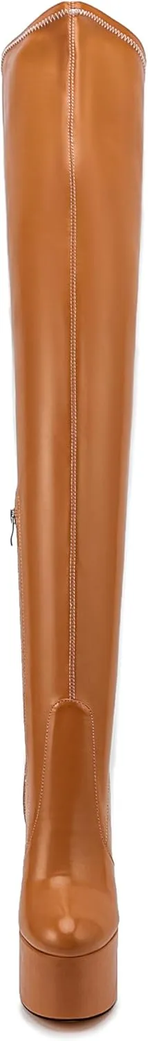 Over the Knee Platform Boot - Metallic Boot for Women Round Toe Chunky Heel Sequin Leather Thigh High Boot