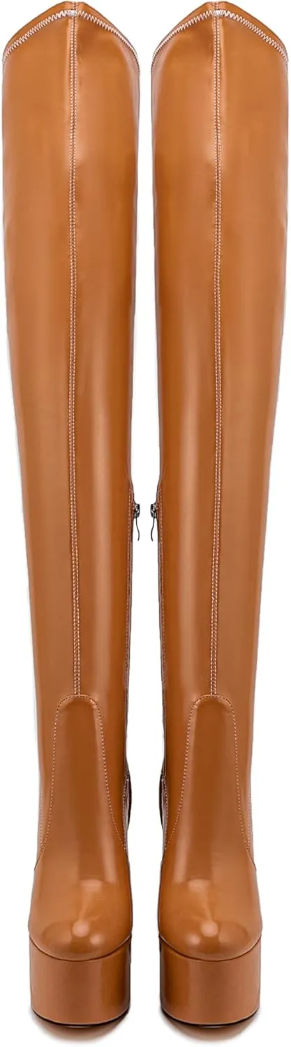 Over the Knee Platform Boot - Metallic Boot for Women Round Toe Chunky Heel Sequin Leather Thigh High Boot