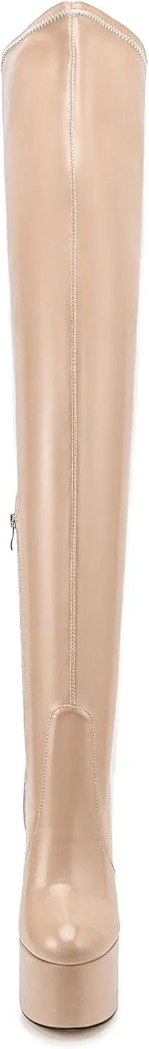 Over the Knee Platform Boot - Metallic Boot for Women Round Toe Chunky Heel Sequin Leather Thigh High Boot