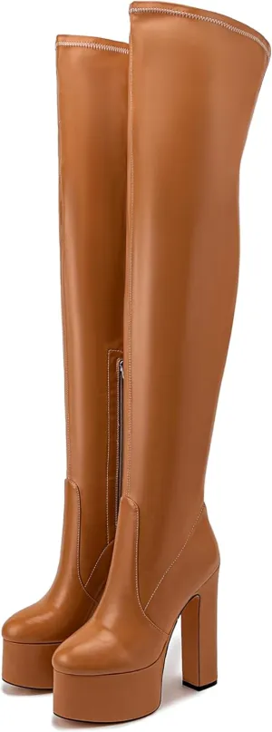 Over the Knee Platform Boot - Metallic Boot for Women Round Toe Chunky Heel Sequin Leather Thigh High Boot