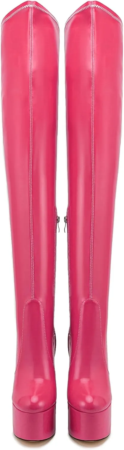 Over the Knee Platform Boot - Metallic Boot for Women Round Toe Chunky Heel Sequin Leather Thigh High Boot