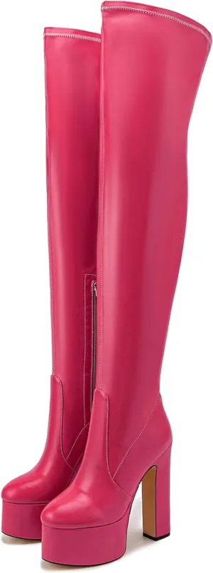 Over the Knee Platform Boot - Metallic Boot for Women Round Toe Chunky Heel Sequin Leather Thigh High Boot