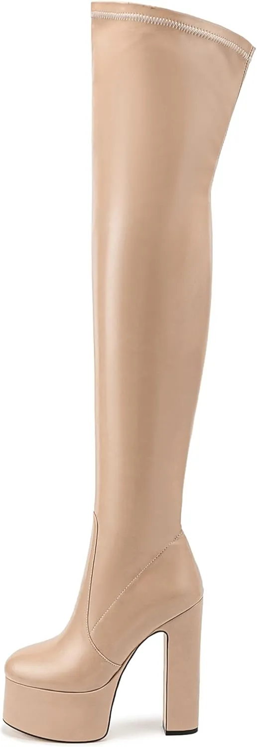 Over the Knee Platform Boot - Metallic Boot for Women Round Toe Chunky Heel Sequin Leather Thigh High Boot