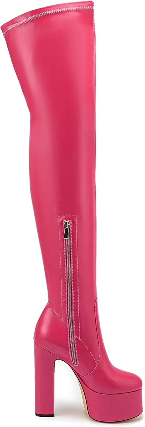 Over the Knee Platform Boot - Metallic Boot for Women Round Toe Chunky Heel Sequin Leather Thigh High Boot