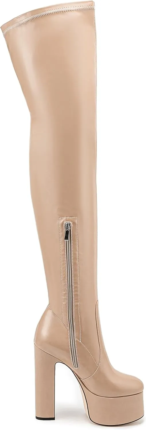 Over the Knee Platform Boot - Metallic Boot for Women Round Toe Chunky Heel Sequin Leather Thigh High Boot
