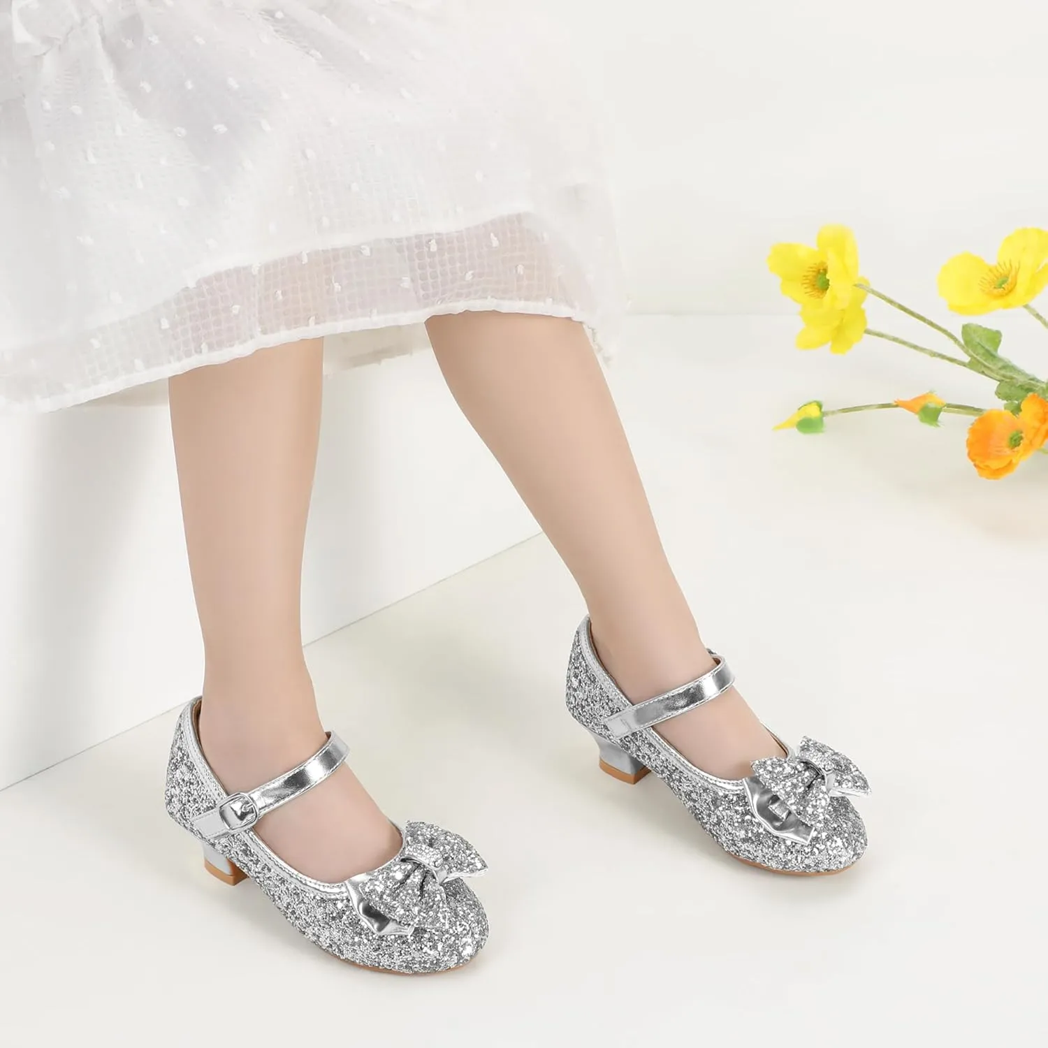 PANDANINJIA Girls Toddler/Little Kid Jada Dress Mary Jane Pumps Bow Low Heels Party Wedding Princess Shoes