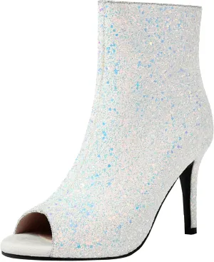 Parisuit Womens Peep Toe Stiletto Booties Sparkly Sequin Glitter Ankle Boots Wedding Heeled Shoes