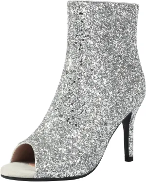 Parisuit Womens Peep Toe Stiletto Booties Sparkly Sequin Glitter Ankle Boots Wedding Heeled Shoes