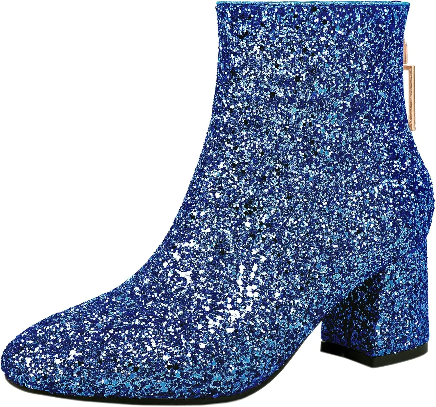 Parisuit Womens Sparkly Sequin Glitter Ankle Boots Round Square Toe Chunky Heeled Back Zip Booties