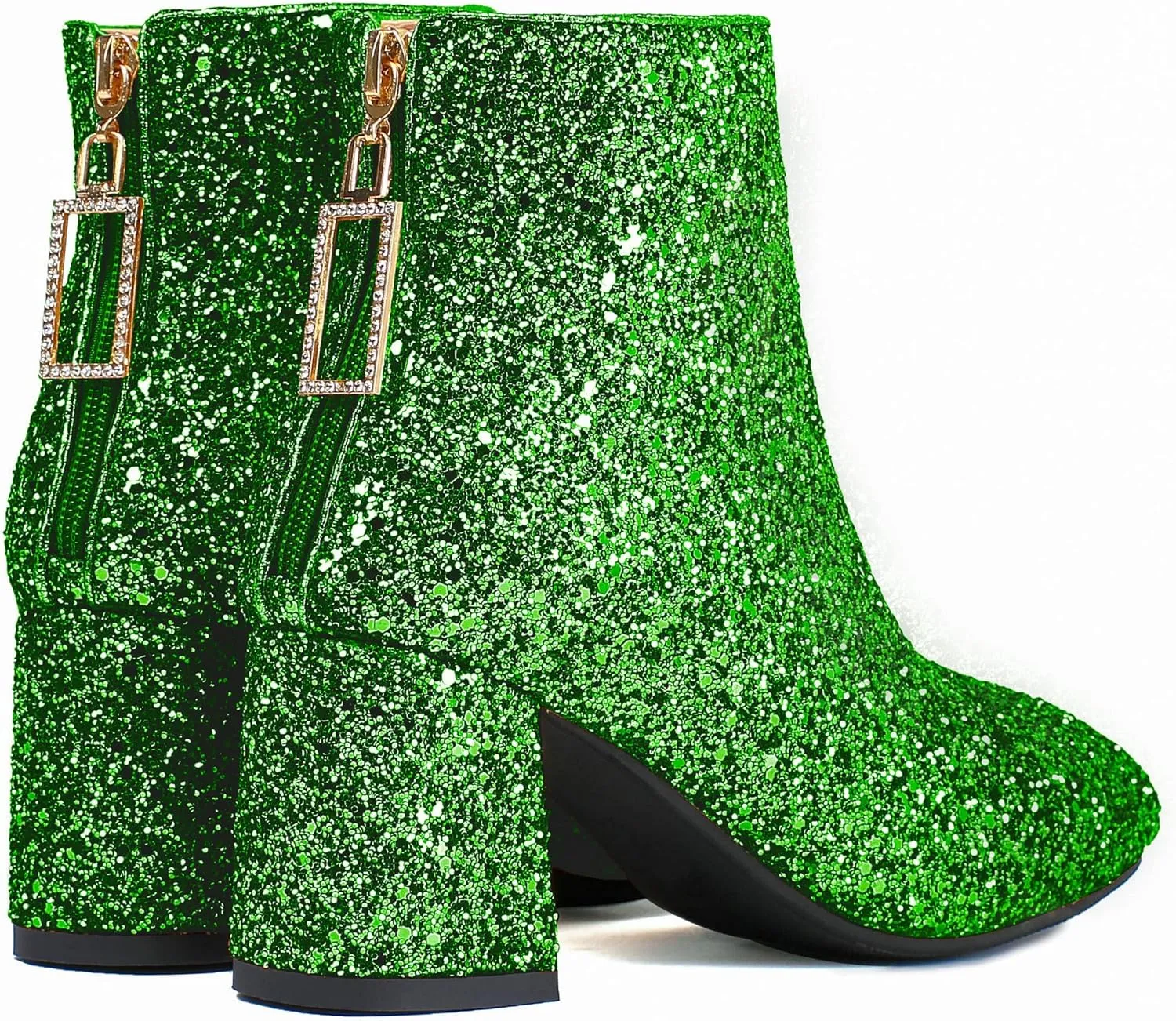 Parisuit Womens Sparkly Sequin Glitter Ankle Boots Round Square Toe Chunky Heeled Back Zip Booties